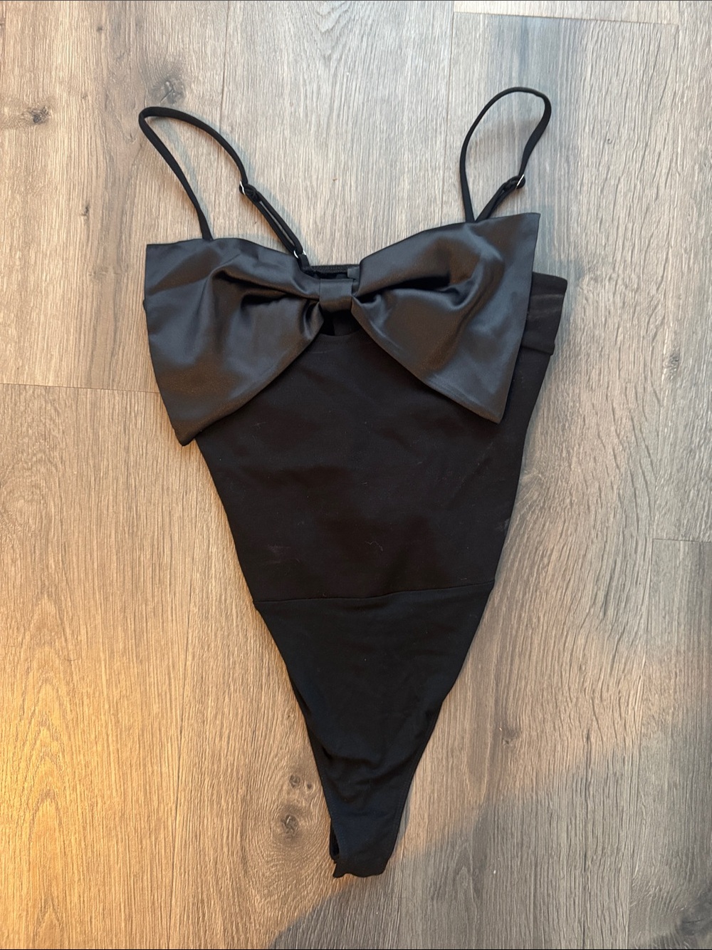 Black Bow-Front Bodysuit with Adjustable Straps